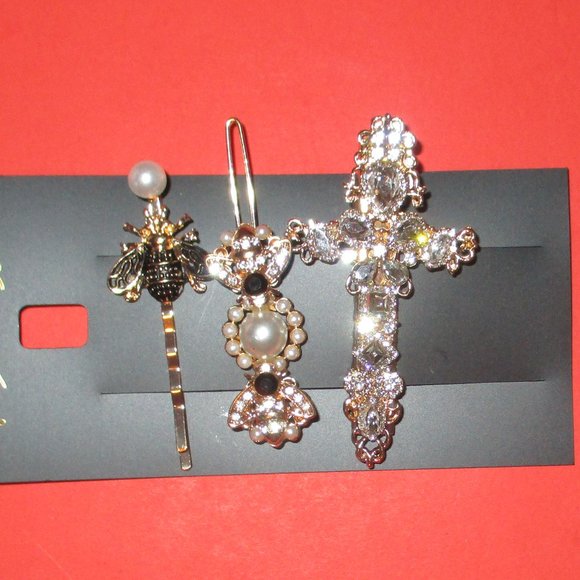 Gold Cross Bee Faux Pearl Hair Accessory Set Barrette Bobby Pin 3 Pc Rhinestone - Picture 1 of 5